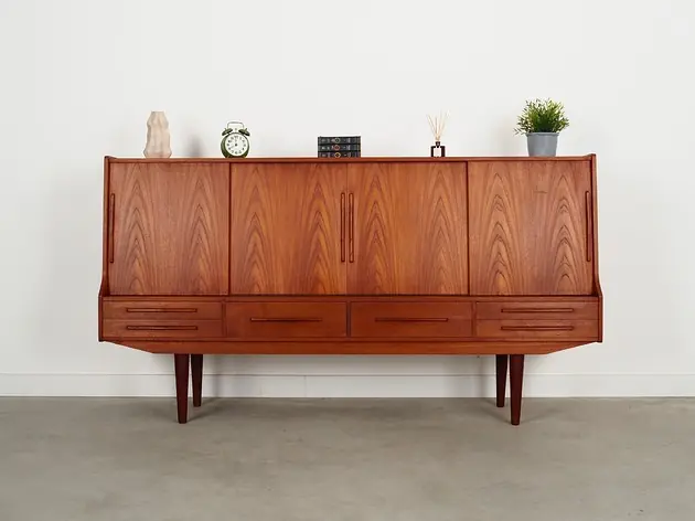 Darmowy zwrot Highboard tekowy, duński design, lata 60, produkcja Dania
