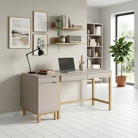 Oferta czasowa Biurko B-MODEL-5 z dostawką D-MODEL-1 (szuflada i szafka), szarobeżowe