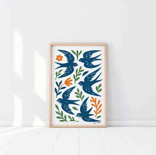 PLAKAT ptaki , jaskółki grafika, niebieska dekoracja ścienna, Matisse Tylko dziś