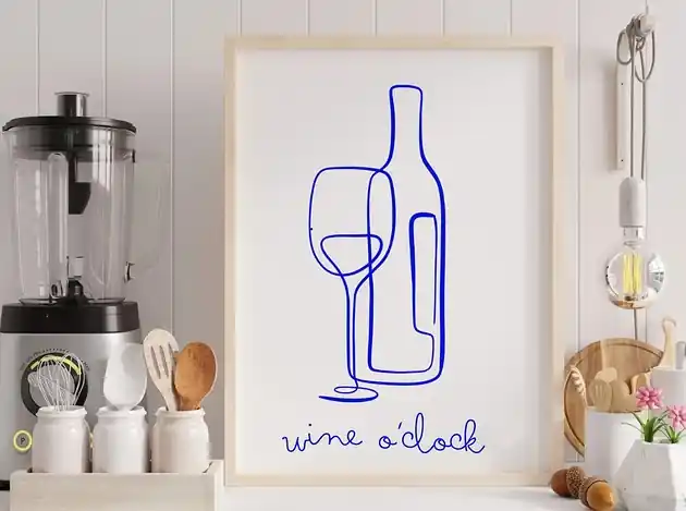 Dostępne od ręki PLAKAT wino, niebieska grafika, wine o clock, ozdoba do kuchni