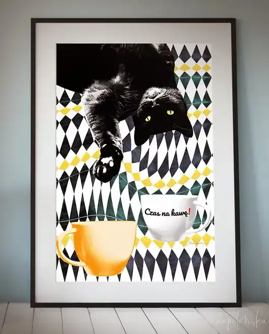 Bezpieczne zakupy Czas na kawę! autorski plakat, sygnowany