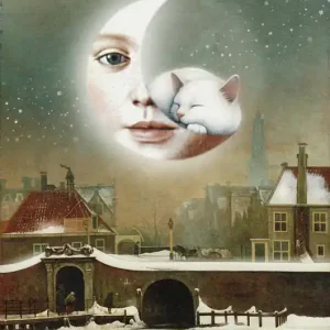 Plakat Fine Art giclee kolaż ZIMOWY KRAJOBRAZ Z KSIĘŻYCEM I KOTEM Szybka wysyłka