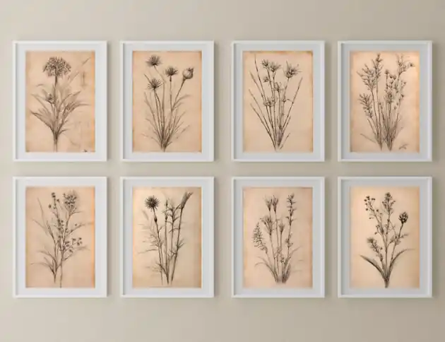 Sprawdź teraz ZESTAW 8 PLAKATÓW beżowe botaniczne vintage