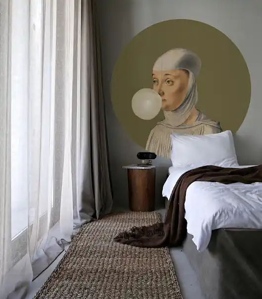 Dots Woman With Bubble Gum Olive - samoprzylepna tapeta w kształcie koła Darmowy zwrot