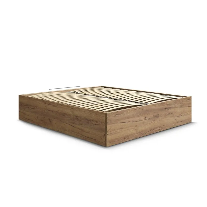 Brązowe łóżko dwuosobowe z płyty wiórowej w dekorze brzozy ze schowkiem/bez zagłówka ze stelażem 140x190 cm Mara – Bobochic Paris Bonami Zamów teraz