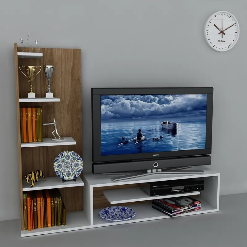 Stolik telewizyjny z regałem Sleek White/Walnut, 29,5x160x121,8 cm Bonami Wysoka jakość