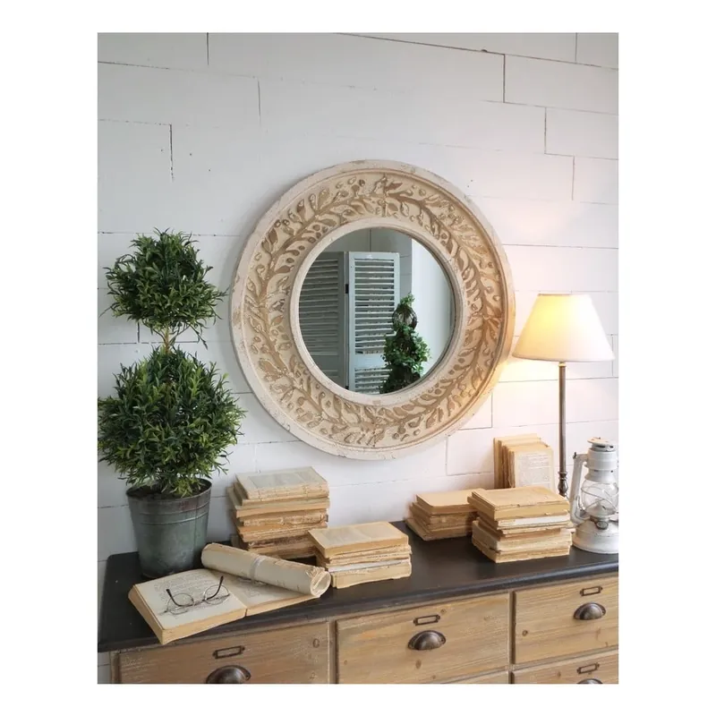 Dostępne od ręki Okrągłe lustro z ramą z drewna topolowego Orchidea Milano Ramage Antique White Bonami