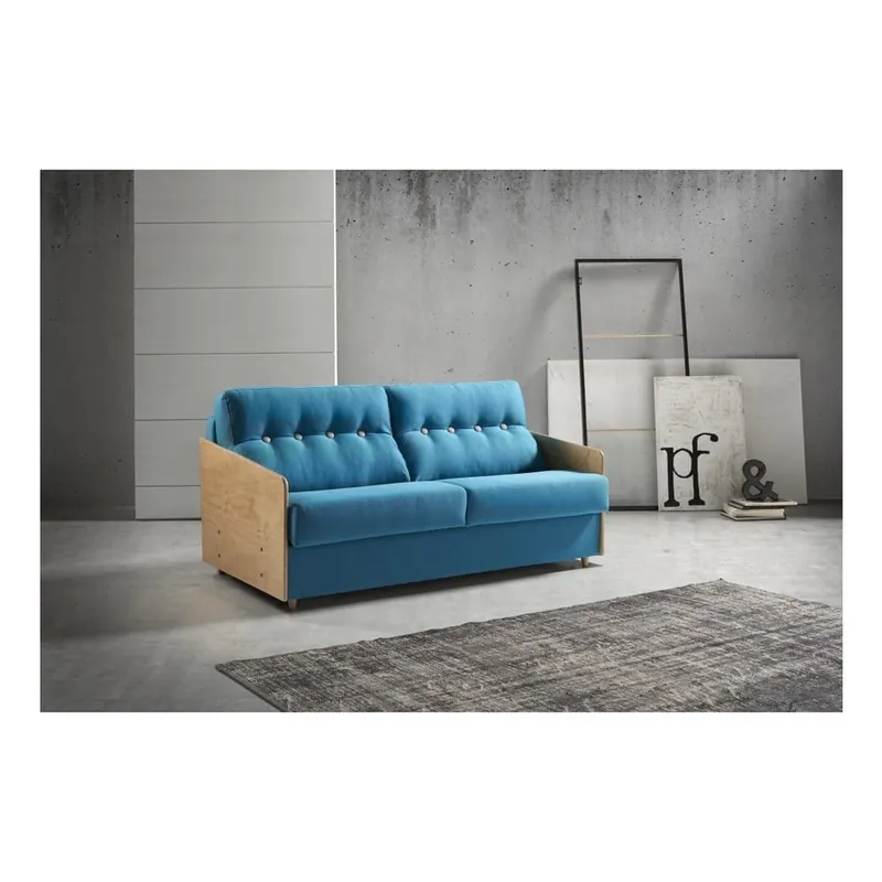 Niebieska sofa rozkładana z drewnianymi podłokietnikami Suinta Como, szer. 148 cm Bonami Najlepsza cena