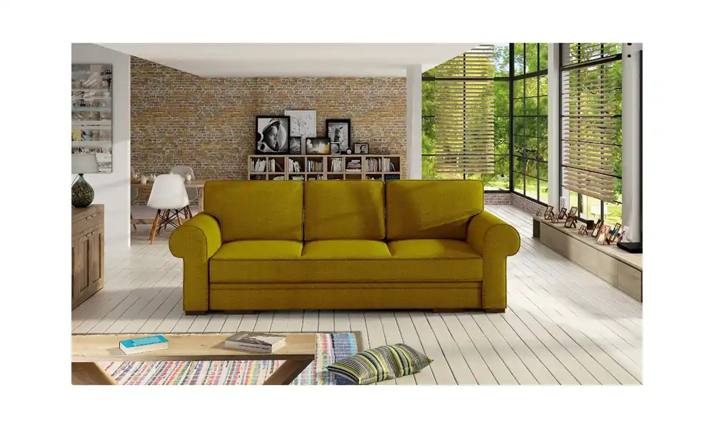 Żółta, rozkładana sofa z pojemnikiem na pościel Bukiet Taniej