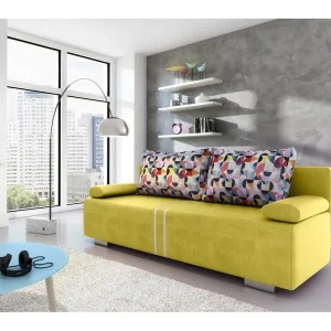 Żółta, rozkładana sofa z pojemnikiem na pościel Malina Bezpieczne zakupy