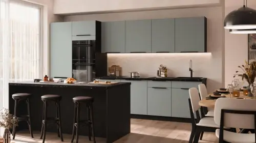Zestaw mebli kuchennych 350cm z wyspą 184x90cm Aria aquamarine/czarny z blatem Nowość