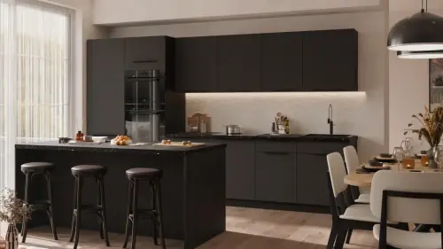 Zestaw mebli kuchennych 350cm z wyspą 184x90cm Aria grafit/czarny blatem Obniżka ceny