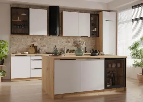 Zestaw mebli kuchennych 390cm z wyspą 184x90cm Aria biały/artisan z blatem Hit cenowy