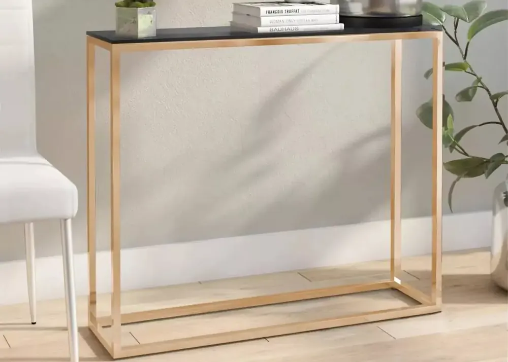 Darmowy zwrot Konsola złota metalowa 100x30 cm ze szklanym przyciemnianym blatem