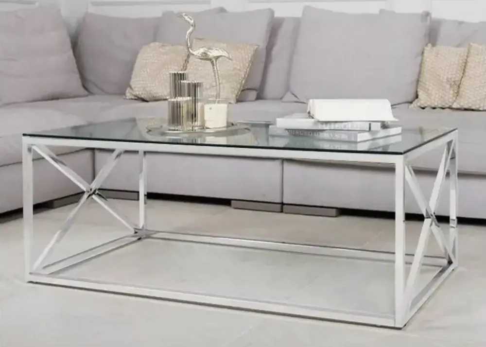 Szybka dostawa Stolik chromowany srebrny 110x60 cm kawowy ława z metalu ze szklanym blatem