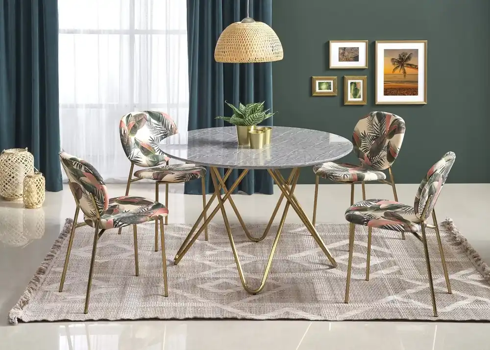 Najlepsza cena Stół okrągły Montreal 120 cm glamour – biały marmur, MDF okleinowany, złote nogi chromowane