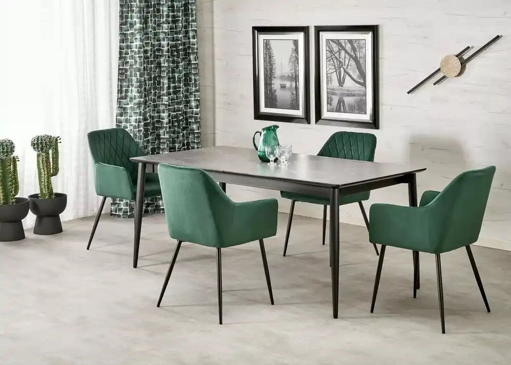 Premium Stół rozkładany Heizo 180–260 cm popielaty marmur – MDF, nowoczesny, czarne nogi metalowe