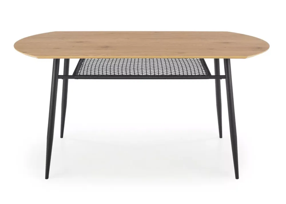 Bezpieczna płatność Zaowalony stół Vero 160 x 90 cm z eleganckim blatem w odcieniu złotego dębu i czarnymi nogami oraz półką pod blatem