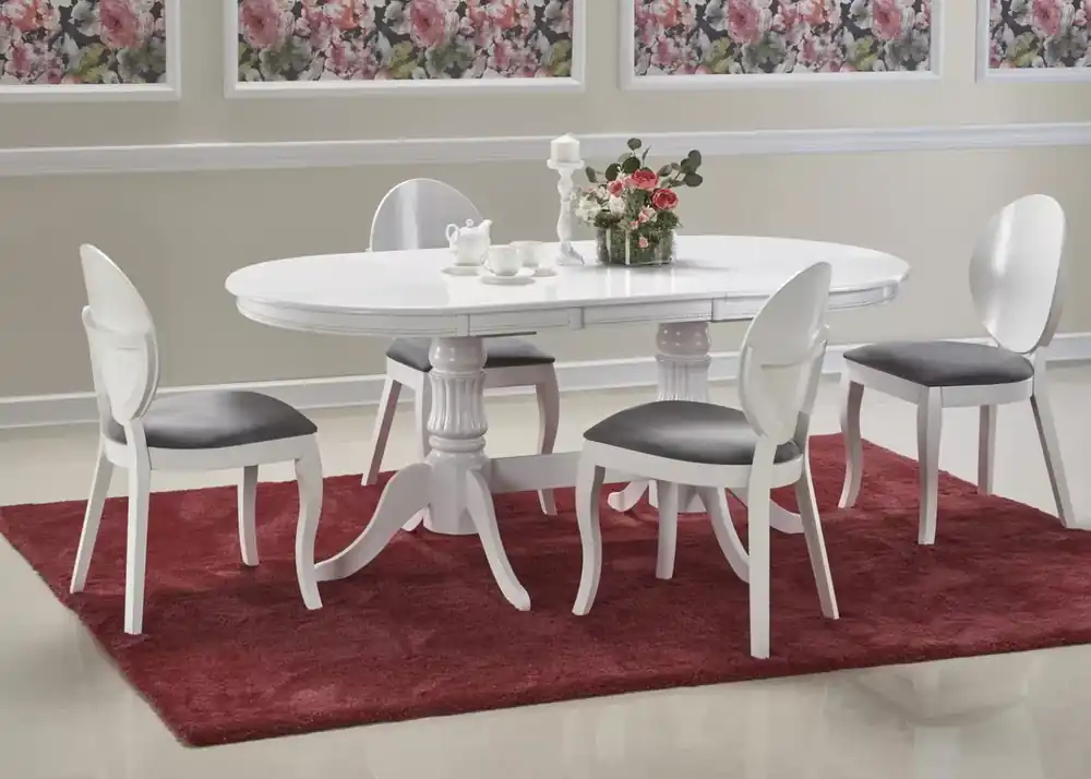 Darmowy zwrot Biały stół Celeste 150-190x90 – elegancki owalny rozkładany stół z MDF lakierowanego na drewinaych rzeźbionych nogach