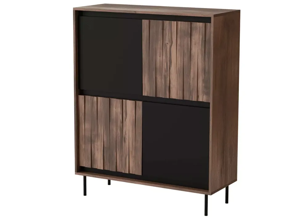 Premium Komoda Madera KM2 – płyta meblowa laminowana, orzechowe wykończenie w połączeniu z matową czernią, stalowe nóżki, nowoczesna