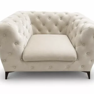 (Wyprzedaż) Fotel Chesterfield Moet pikowany guzikami w kolorze ecru i metalowymi czarnymi nóżkami, ecru welur Obniżka ceny