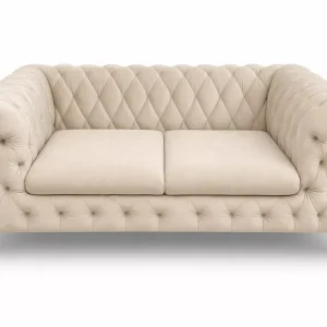 (Wyprzedaż) Sofa wypoczynkowa w tkaninie Amor Velvet 04 ze złotymi nóżkami i dekoracyjnymi przeszyciami, beżowy welur Kup teraz