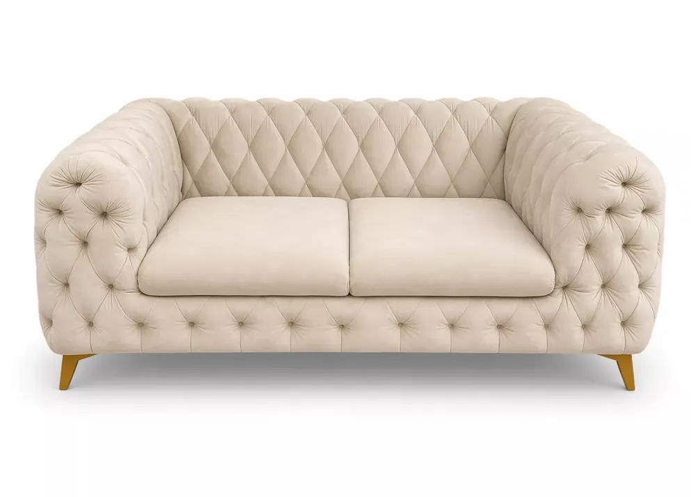 (Wyprzedaż) Sofa wypoczynkowa w tkaninie Amor Velvet 04 ze złotymi nóżkami i dekoracyjnymi przeszyciami, beżowy welur Kup teraz
