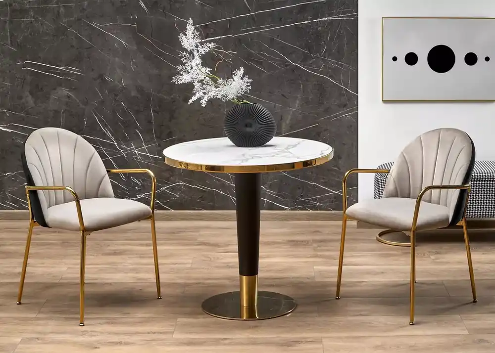 Oferta limitowana Stół Debor 79 cm w stylu glamour z okleinowanym blatem MDF imitującym marmur na czarnej nodze ze złotymi elementami