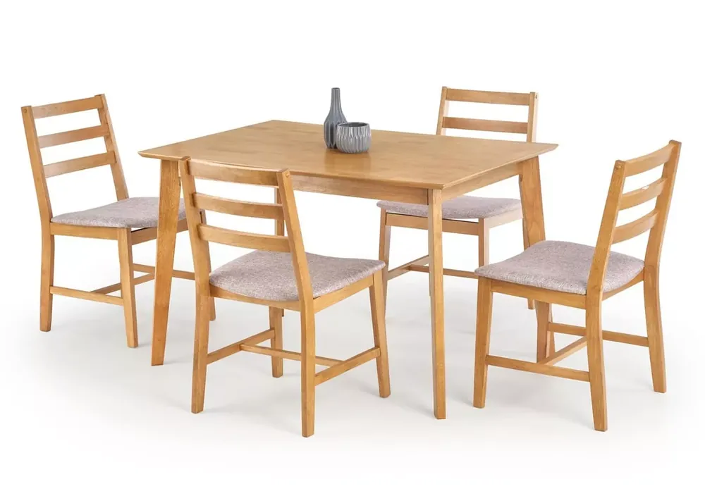 Zestaw mebli stołowych Saul – elegancki stół w kolorze jasnego dębu + 4 ergonomiczne krzesła tapicerowane w odcieniu beżowym Rabat