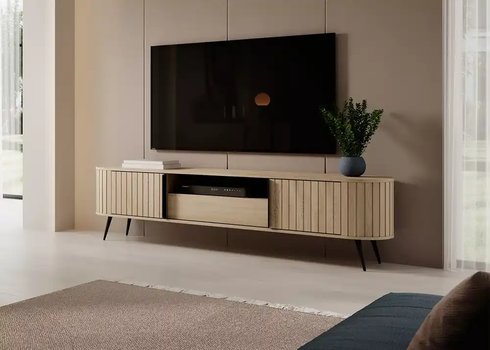 Szafka RTV Bibi Dąb Cremona – elegancka szafka pod telewizor z 2 drzwiami, szufladą i otwartą półką Bezpieczna płatność