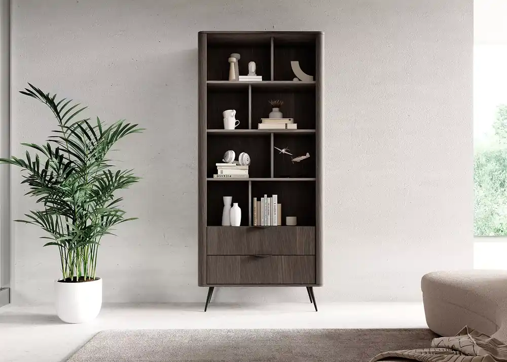 Ograniczona ilość Regał Valeri – elegancki regał z szufladami i otwartymi półkami, nowoczesny design dąb dunin z czarnymi metalowymi akcentami