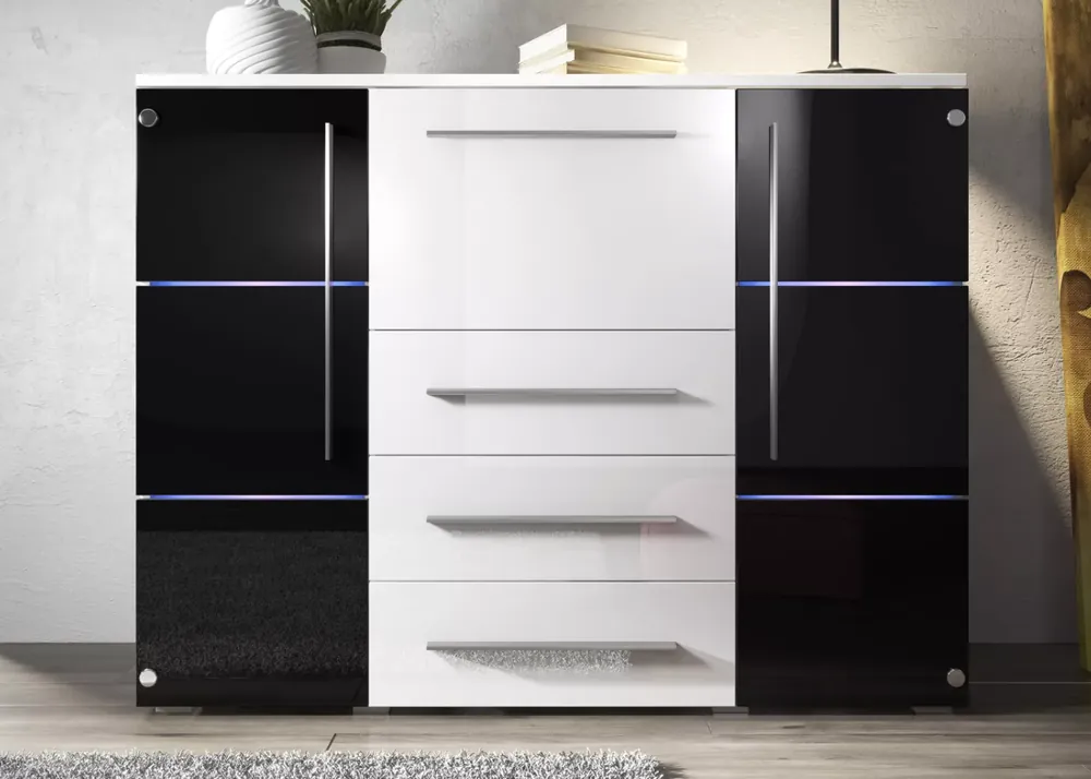Komoda Lumera – nowoczesna elegancja z oświetleniem LED w połysku Niska cena