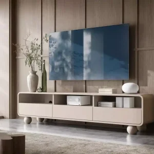 Darmowy zwrot Stolik RTV Lutario 180 cm kaszmir – nowoczesna szafka RTV kaszmirowa do salonu z półkami