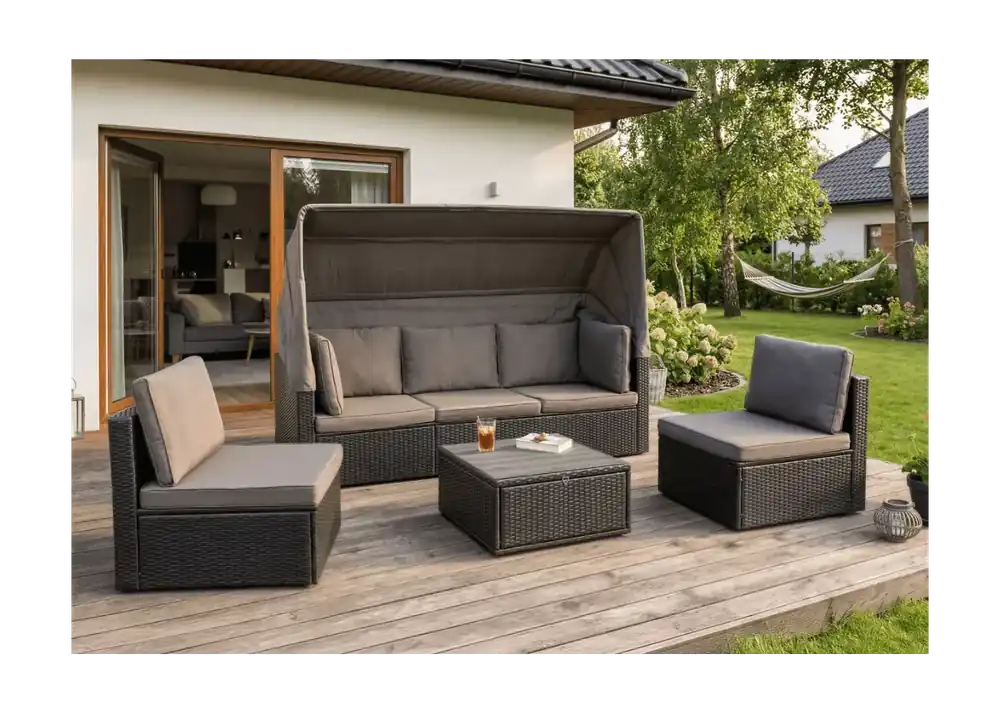 Wyprzedaż Zestaw mebli ogrodowych Evora technorattan sofa z daszkiem + 2 fotele